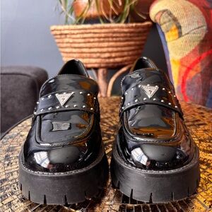 GUESS Black Patent Leather Chunky Lug Loafers with Stud Detail